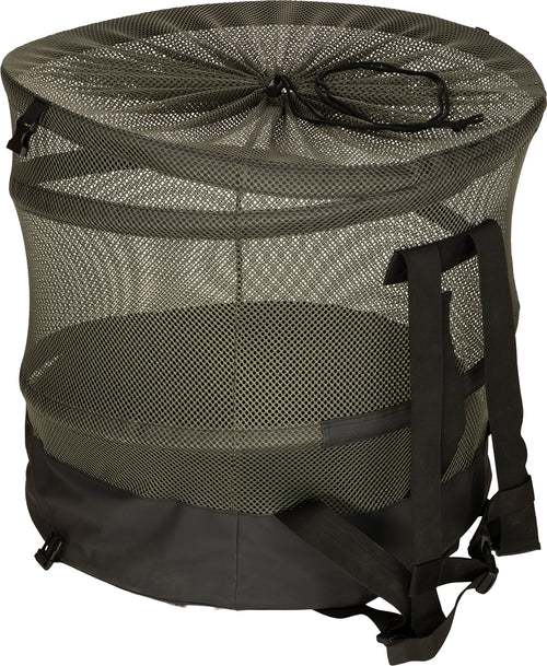 A Large Stand-Up Decoy Bag 2.0 with a black mesh bottom and black strap, designed to assist in the loading process. The bag stands up on its own, making it easy to load and unload decoys. It collapses down to 3