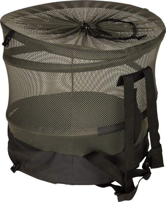 A Large Stand-Up Decoy Bag 2.0 with a black mesh bottom and black strap, designed to assist in the loading process. The bag stands up on its own, making it easy to load and unload decoys. It collapses down to 3" for convenient storage. Made of durable polyester mesh and equipped with shoulder straps for easy carrying. Perfect for hunting.