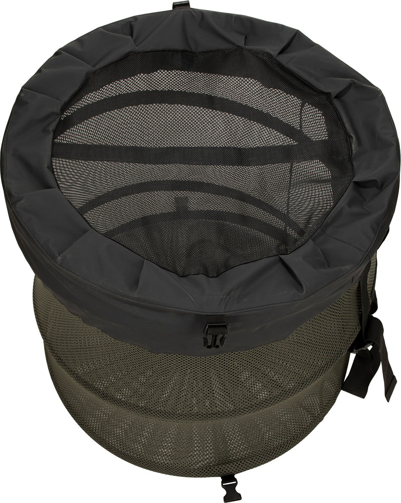 Large Stand-Up Decoy Bag 2.0: A black round object with a black mesh around it, featuring a metal buckle and a tie.