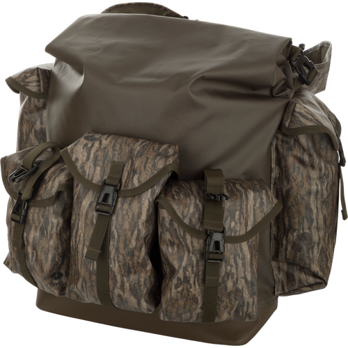 A rugged backpack with multiple compartments for hunting gear, featuring a waterproof bottom and roll-top main compartment.