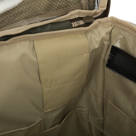 A close-up of the Extra Large Blind Bag with multiple pockets for organizing hunting gear. Waterproof and durable construction with adjustable straps.