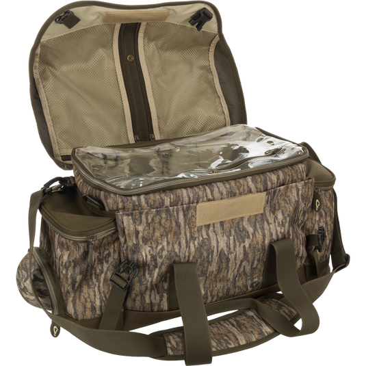 Extra Large Blind Bag with 20 pockets and waterproof compartments, featuring a clear bag inside and a camouflage pattern.