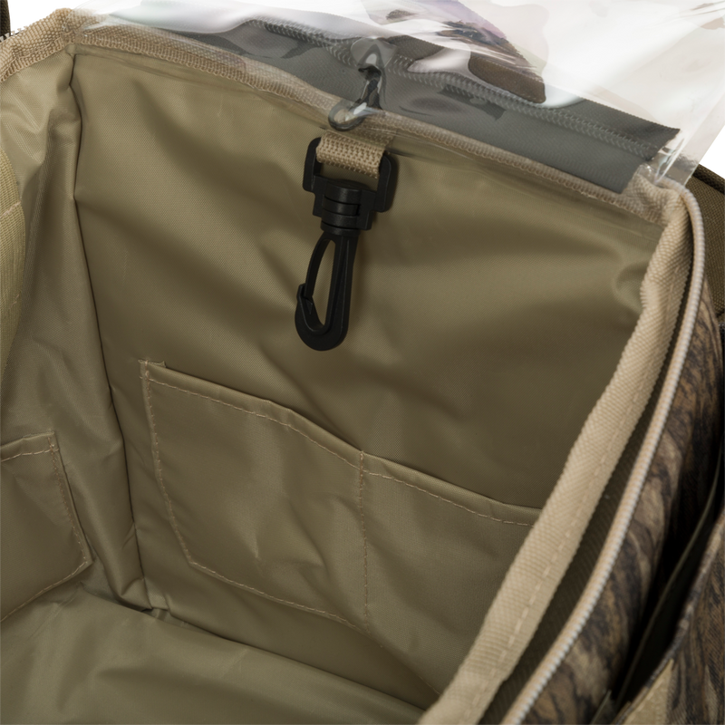 Extra Large Blind Bag with waterproof compartments, multiple pockets, and adjustable strap for organizing hunting gear.