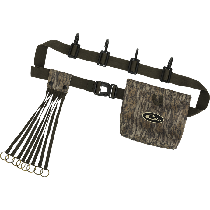Ultimate Timber Strap: A belt with a bag and metal clips for storage and accessibility during timber hunts. Adjustable tree strap extends to 72