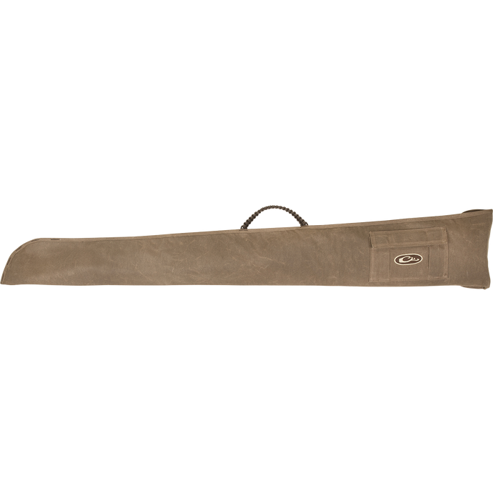 A brown wax canvas bag with a braided rope handle, designed to safely transport shotguns up to 50