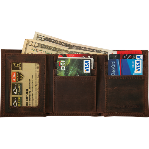 A brown leather tri-fold wallet with the Drake Logo metal oval on the outside, filled with money and credit cards.
