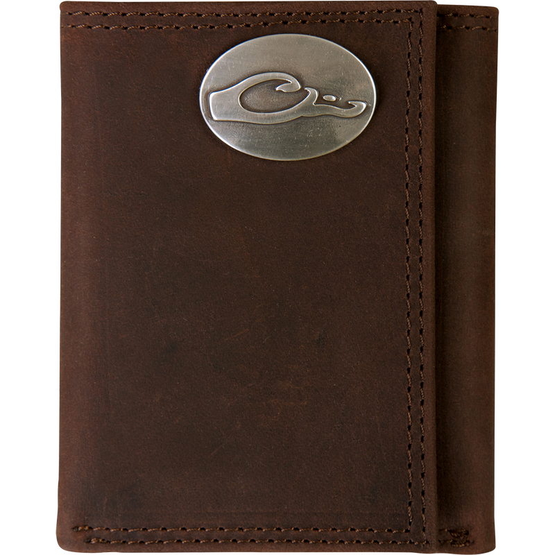 Brown Leather Tri-Fold Wallet with Drake Logo metal oval. Full grain leather and metal oval logo on the outside.