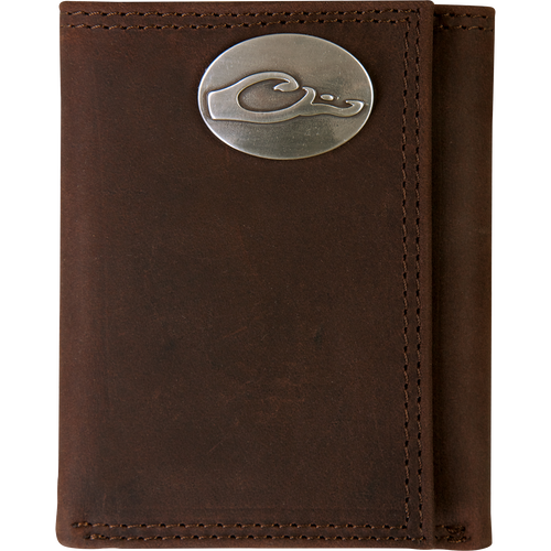 Brown Leather Tri-Fold Wallet with Drake Logo metal oval. Full grain leather and metal oval logo on the outside.