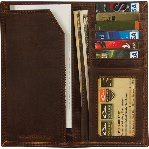 Leather Checkbook Wallet with credit cards and cash inside, featuring the Drake Logo metal oval on the outside.