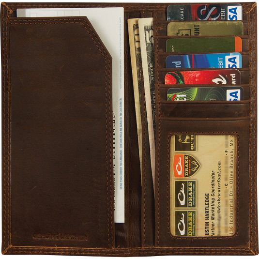 Leather Checkbook Wallet with credit cards and cash inside, featuring the Drake Logo metal oval on the outside.