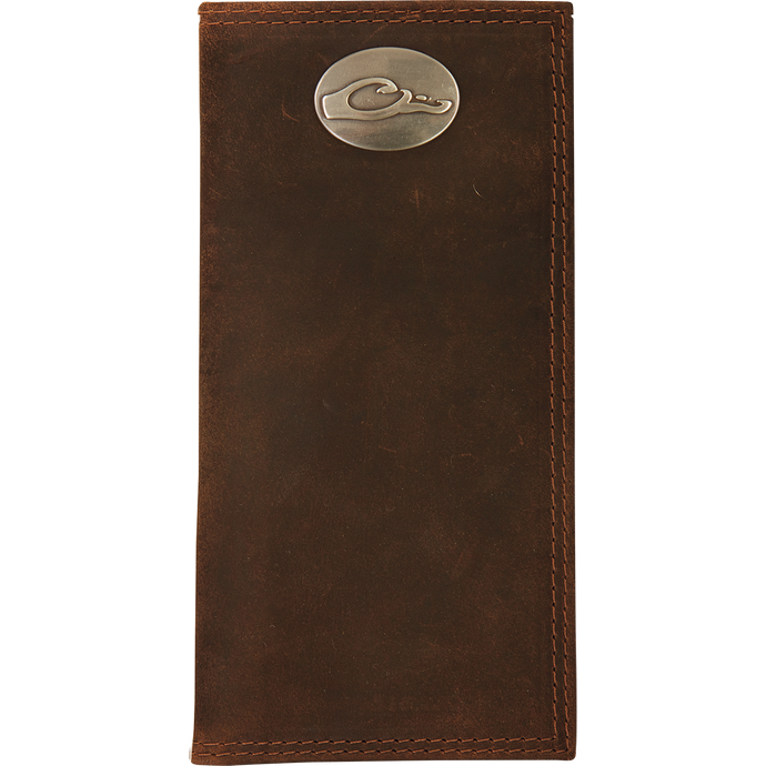 A brown leather checkbook wallet with the Drake Logo metal oval on the outside.