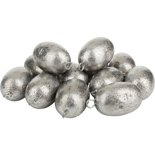 Texas Rig Egg Weights - 12 Pack: A group of oval-shaped metal objects, including 4 oz, 6 oz, and 8 oz lead weights.