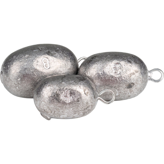 Texas Rig Egg Weights - 12 Pack: A group of oval lead weights, including 4 oz, 6 oz, and 8 oz weights.