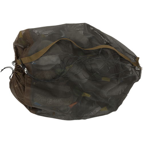 Texas Rig Mesh Decoy Bag: Durable mesh bag with brown strap for storing and transporting decoys. PVC coated main bag and polyester bottom. Shoulder straps for comfortable transportation. External loops for carabiners.