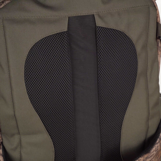 A close-up of the Swamp Sole Backpack, featuring a black mesh exterior with multiple storage pockets and front shell loops for easy access.