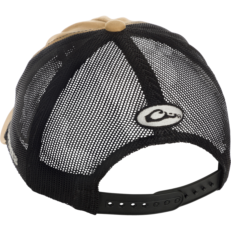 Retro Duck Patch Cap with black and tan design, featuring a logo close-up and high-quality construction.