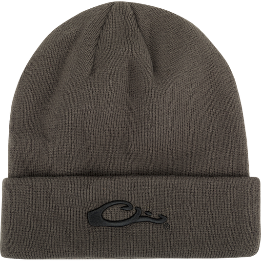 LST Rib-Knit Stocking Cap: A comfortable knit hat with an embroidered Drake "duck head" logo. Perfect for outdoor activities.