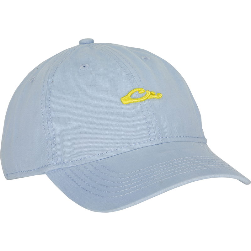 Cotton Twill Logo Cap with yellow car logo on a light blue baseball cap. Low-profile, contoured bill, leather strap with brass buckle.