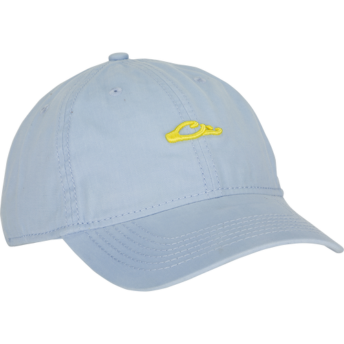 Cotton Twill Logo Cap with yellow car logo on a light blue baseball cap. Low-profile, contoured bill, leather strap with brass buckle.