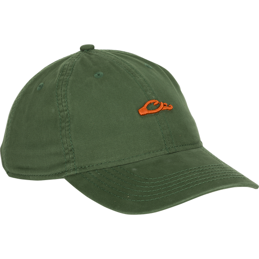 Cotton Twill Logo Cap - A low-profile green hat with an orange logo. Crafted with 100% cotton twill, leather strap backing with brass buckle, and a contoured bill. Perfect for pushing your limits in style.
