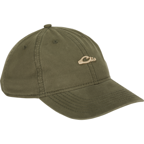 Cotton Twill Logo Cap - A low-profile green baseball cap with a logo, crafted from 100% cotton twill. Features a contoured bill and a leather strap back with a brass buckle. Perfect for pushing yourself to the limit in style.