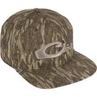 Camo Flat Bill Cap with raised embroidered logo and adjustable snapback closure. 100% cotton, 6-panel construction for a good fit.