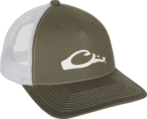 Drake 5 Panel Slick Logo Cap - A stylish, breathable trucker cap with a green and white hat featuring the iconic Drake duck head logo. Perfect for everyday wear with its adjustable snapback and comfortable 5-panel construction.