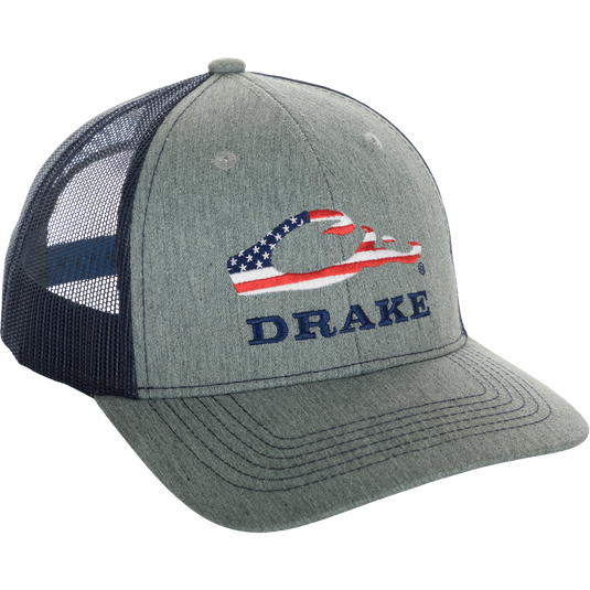 A grey trucker cap with an American flag-filled Drake head logo and the word 