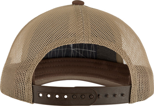 Old School Patch 2.0 Mesh Back Cap: A stylish brown hat with a leather strap, featuring a mesh back panel and adjustable snap-back closure.