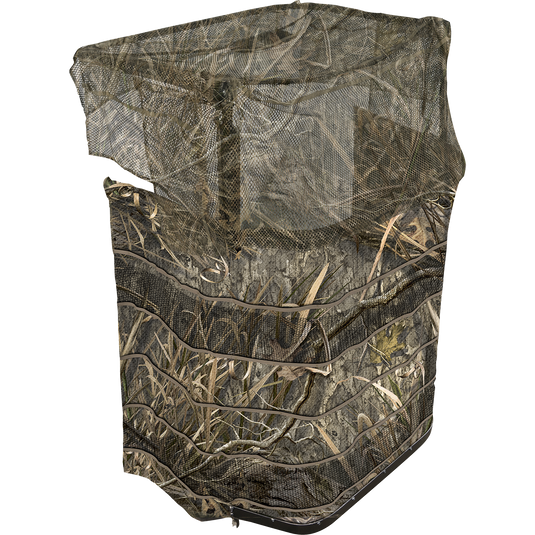 A lightweight, modular panel blind for hunters. Features a camo windblocker, stretch cords, and brush straps for easy brushing. Can be linked with other blinds for larger groups or used back to back for full coverage. Made with durable aluminum tubing and equipped with stake loops and long stakes. Dimensions: 38" W x 24" D x 60" H. Ghillie One-Man Modular Panel Blind.
