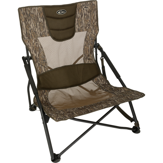 A rugged and foldable XL Low Profile Hunting Chair with comfortable sling-style seat and padded lumbar support. Perfect for hunting from a low position. Lightweight and easy to carry with a shoulder strap.