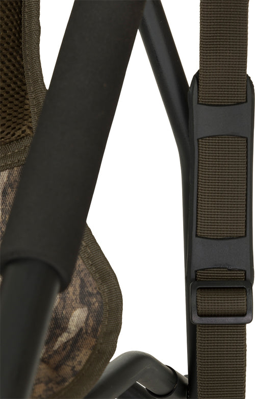 XL Low Profile Hunting Chair: Close-up of a rugged strap on a black chair. Perfect for hunting from a low position. Foldable and easy to carry.