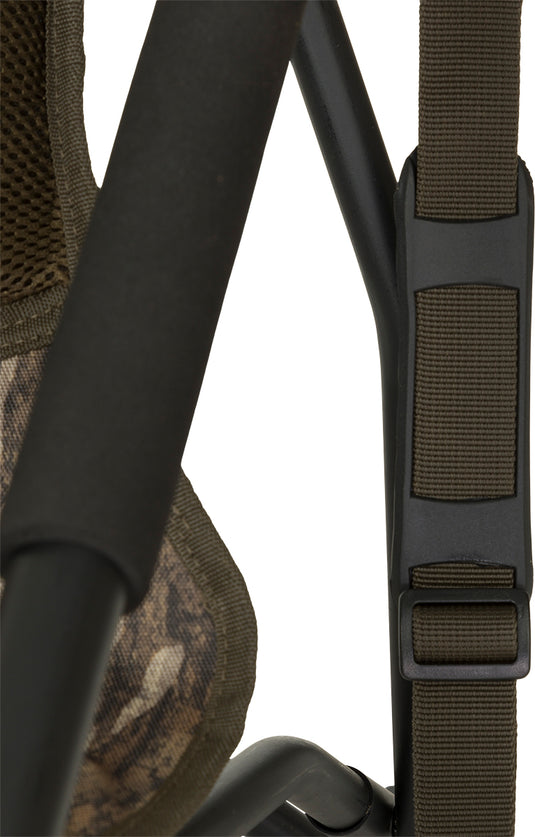 XL Low Profile Hunting Chair: Close-up of a rugged strap on a black chair. Perfect for hunting from a low position. Foldable and easy to carry.