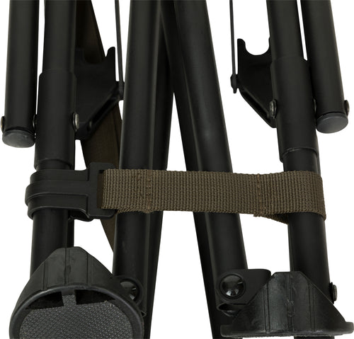 XL Low Profile Hunting Chair: Close-up of a rugged tripod chair with a fabric sling-style seat, padded lumbar support, and fold-up design for easy carrying.