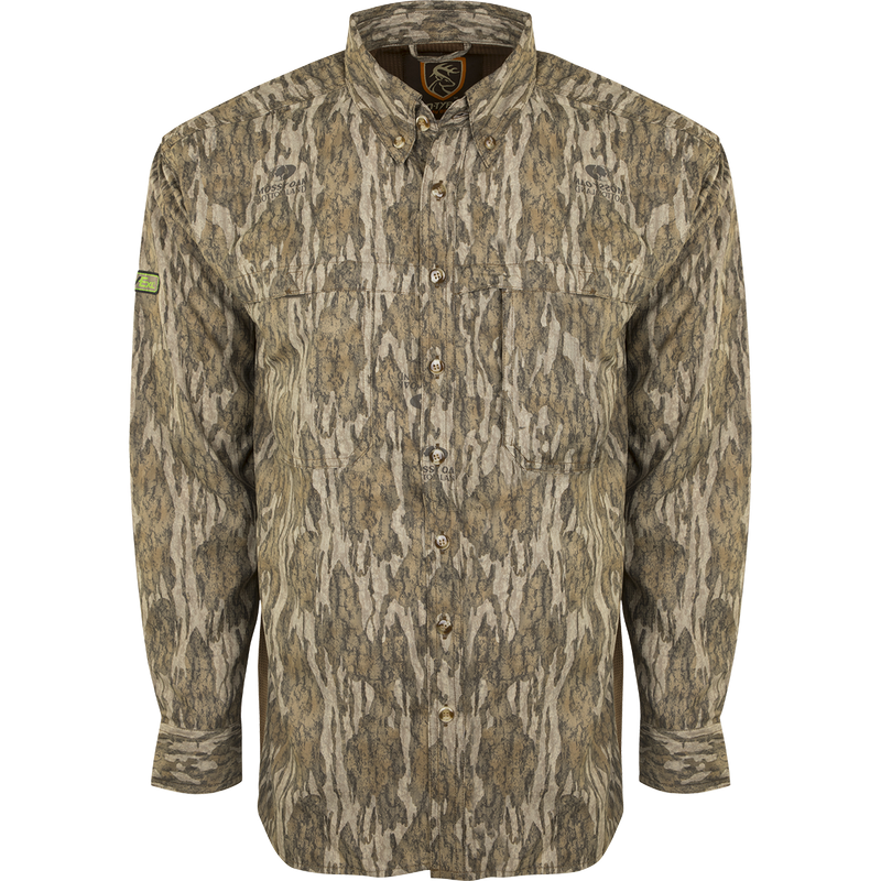 A long sleeved shirt with a camouflage pattern, featuring mesh back and side panels for breathability. Ideal for warm weather hunts.