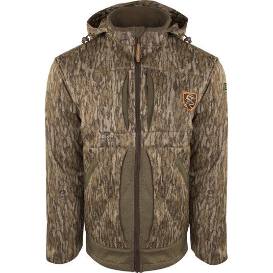 A close-up of the Stand Hunter's Silencer Jacket with Agion Active XL®, featuring a hood and zipper. Perfect for late-season hunting, it offers soft, quiet, and durable fabric. Ideal for gaining an advantage over big game animals.