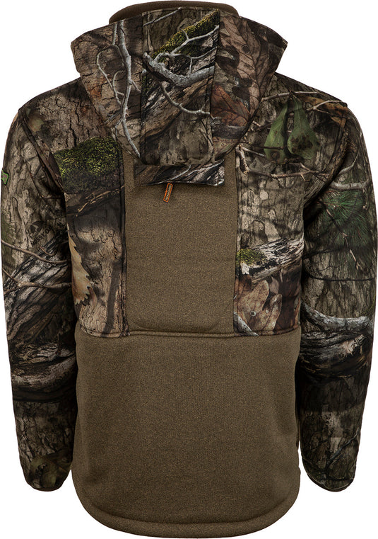 A women's camouflage jacket with hood, perfect for late season hunting. Made with durable fabric and features scent control technology and multiple pockets.