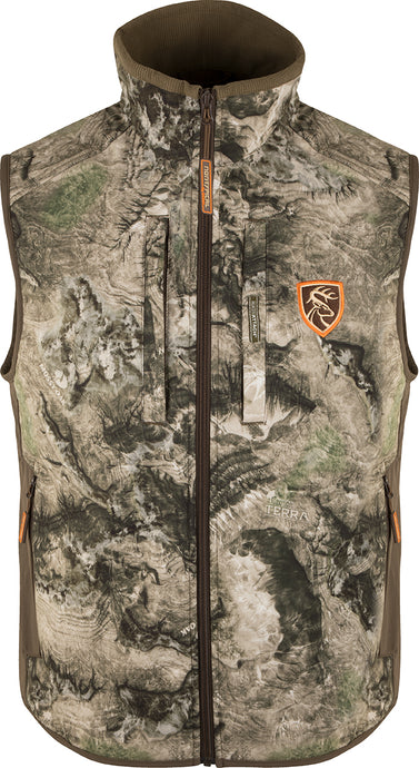Camo Tech Vest with Agion Active XL, a polyester vest with logo, perfect for bow hunters. Allows quiet, precise movements with windproof lining and multiple pockets. Ideal for all-season protection.