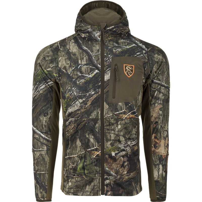 A lightweight camo jacket with a zippered chest pocket and built-in facemask, perfect for hot days. Pursuit Full Zip Hoodie with Agion Active XL®.