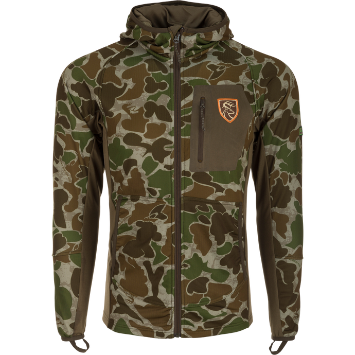 A lightweight performance jacket with camo pattern and logo. Made of 100% polyester with Agion Active XL® scent control technology. Perfect for hot days when you need to stay cool.