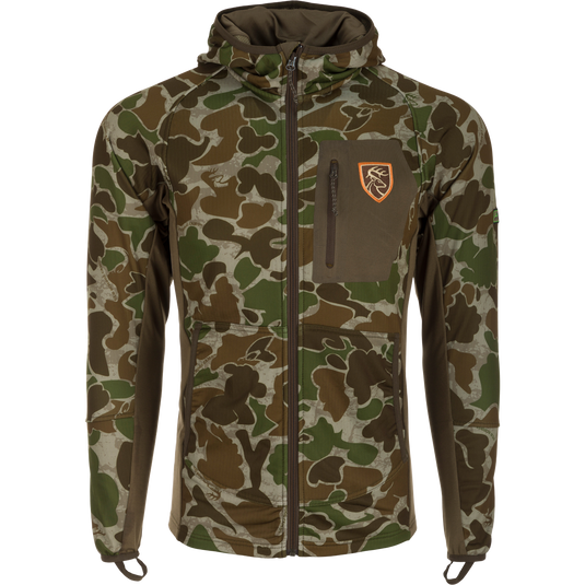 A lightweight performance jacket with camo pattern and logo. Made of 100% polyester with Agion Active XL® scent control technology. Perfect for hot days when you need to stay cool.