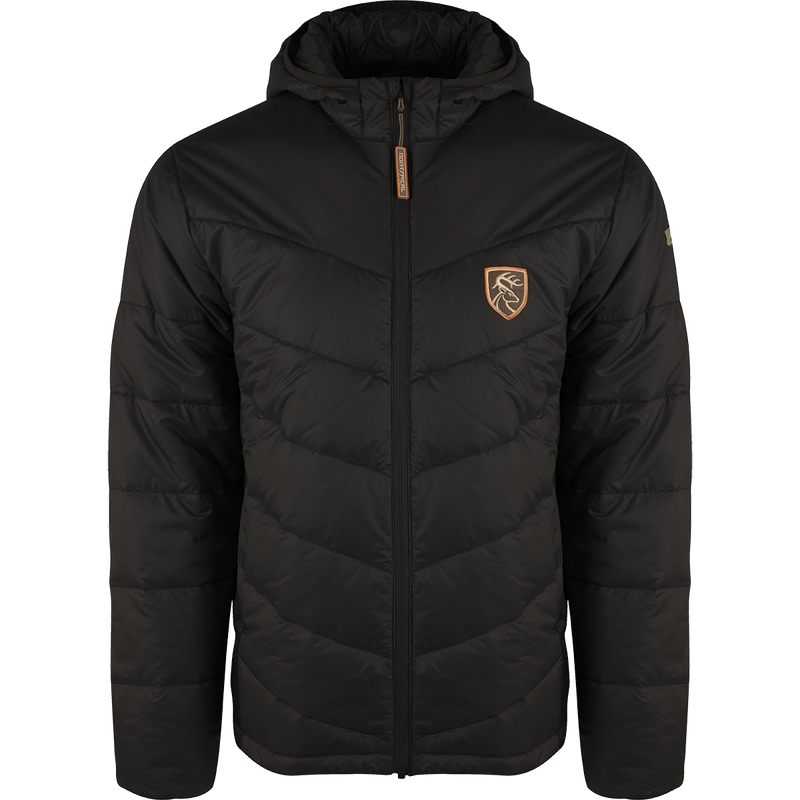 A black jacket with a logo, featuring Agion Active XL® scent control technology and synthetic down insulation. Perfect for cold hunts or chilly nights.