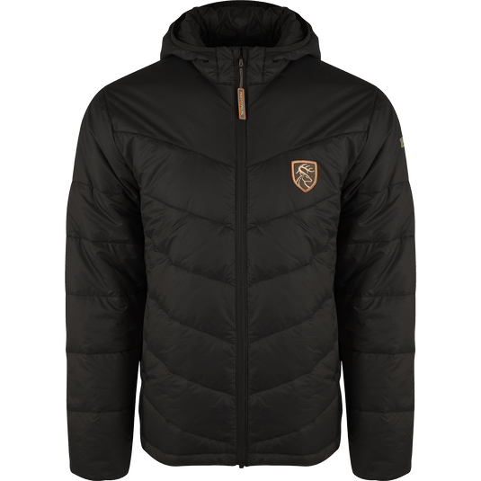 A black jacket with a logo, featuring Agion Active XL® scent control technology and synthetic down insulation. Perfect for cold hunts or chilly nights.