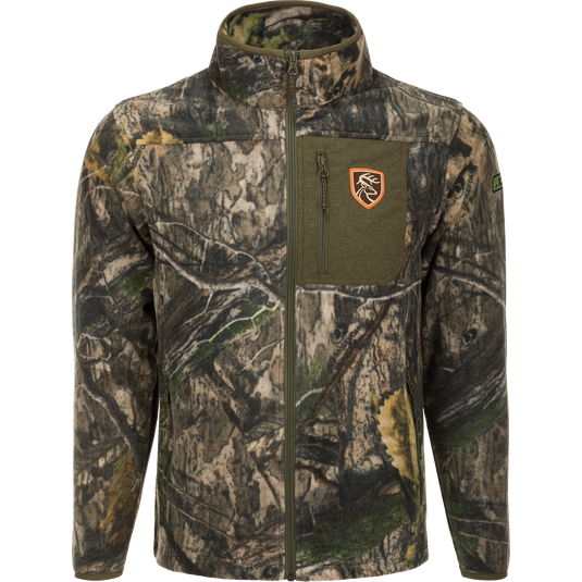 A camouflage jacket with a patch, zipper, and logo of a deer. Made of 200-gram 4-Way Stretch Fleece, perfect for big game hunters.
