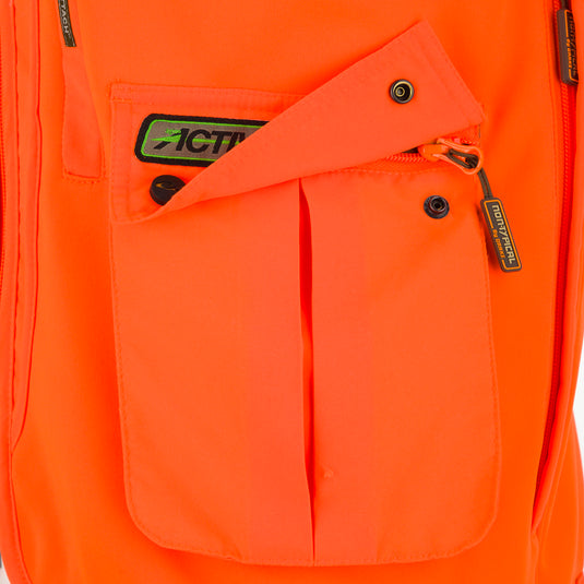 A close-up of a youth blaze orange vest with Agion Active XL. Features include vertical chest pockets, a front-load game bag, and a large rear zippered storage pocket. Side entry fleece-lined hand-warmer pockets provide warmth on frigid days.