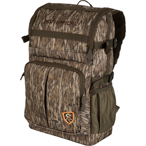 A Non-Typical Rucksack, featuring a camouflage backpack with a logo of a deer. Versatile pockets, MOLLE loops, and adjustable straps for hunting necessities.