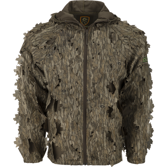 3D Leafy Jacket with Agion Active XL, a camouflage jacket with holes and a logo, perfect for complete concealment while hunting.