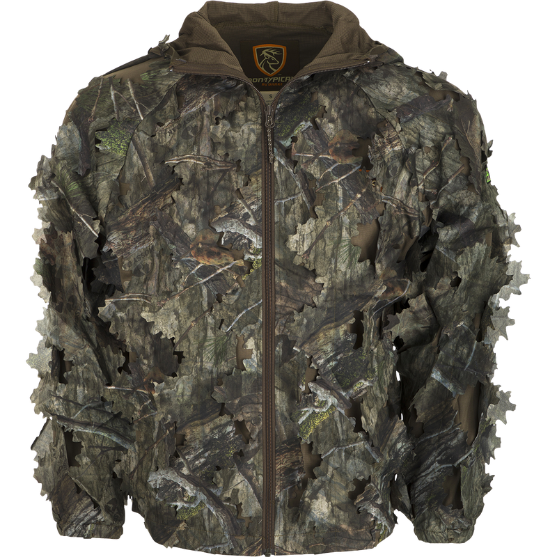 3D Leafy Jacket with Agion Active XL®: A camouflage jacket with holes, featuring a deer logo and zipper close-ups. Perfect for hunting season.