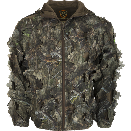 3D Leafy Jacket with Agion Active XL®: A camouflage jacket with holes, featuring a deer logo and zipper close-ups. Perfect for hunting season.