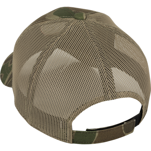 Non-Typical Logo Camo Mesh Back Cap, a close-up of a hat with a camouflage pattern, made with 100% cotton twill front panels and breathable mesh on the back. Features the New Non-Typical logo on the front.